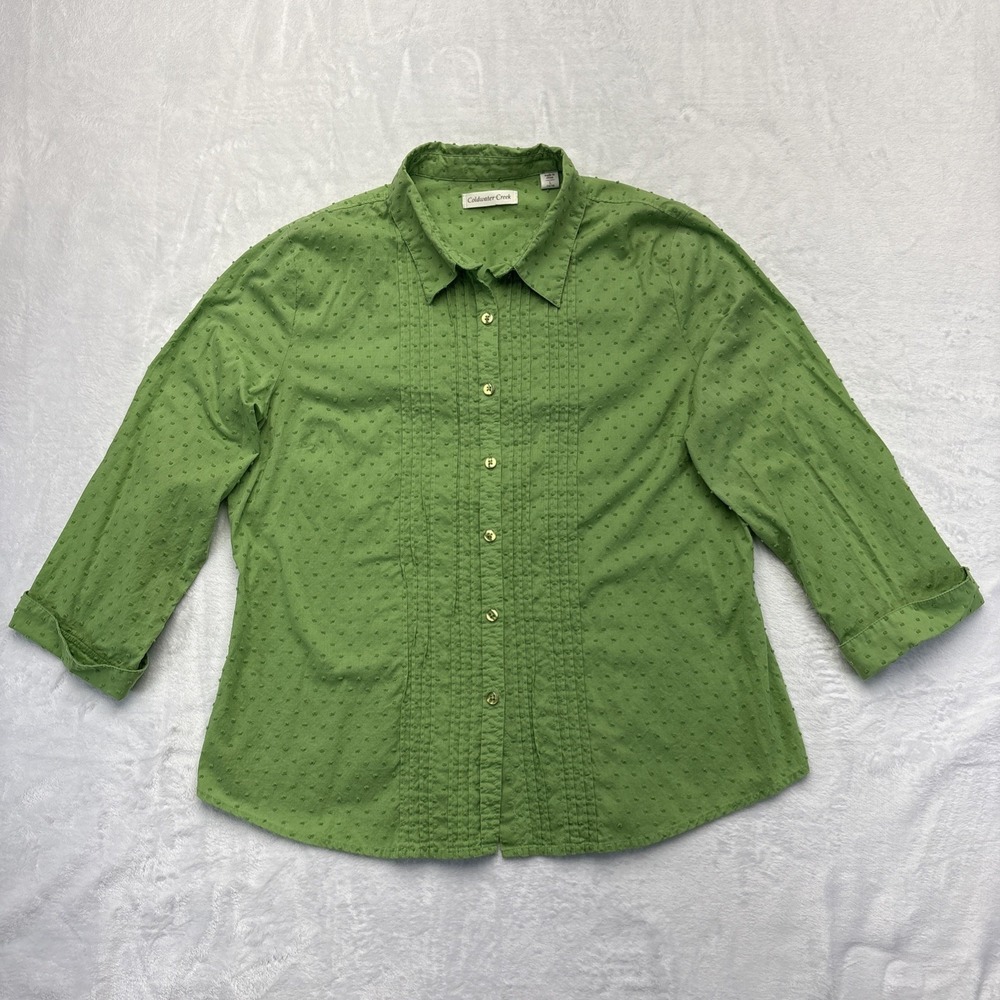 Coldwater Creek Y2K Womens L Green Swiss Dot Pintuck Button Down Shirt Cotton
